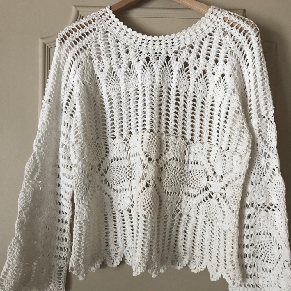 NEW white bohemian sweater with crochet detailing size medium